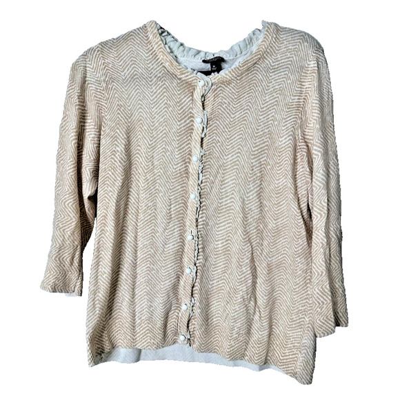 Talbots Sweater Cardigan Womens M Tan Chevron Ruffle Trim Button Lightweight - Picture 1 of 7